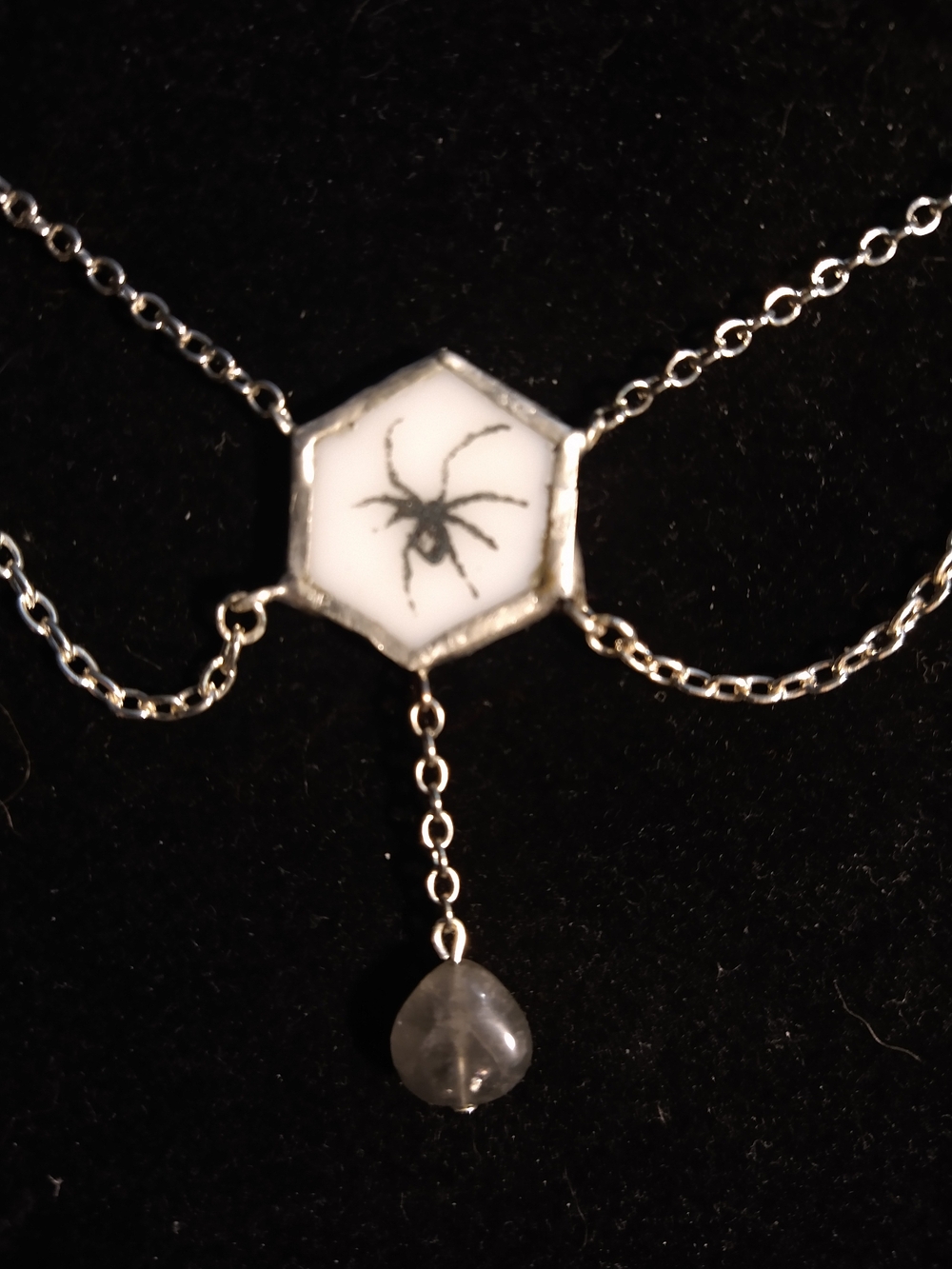 Hexagon Spider Pendant Necklace in White and Silver